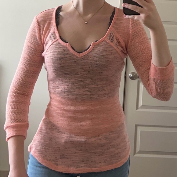 pink top sheer v-neck see-through blouse interesting 3/4 quarter length sleeve - Picture 2 of 9